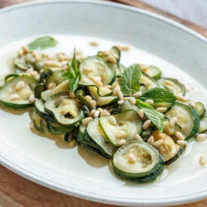 Zucchini scapece salad - Fried courgette and pine seeds salad served in a mixure of garlic, wine vinegar and mint sauce (goes very well together with our rosemary and olive oil focaccia)
