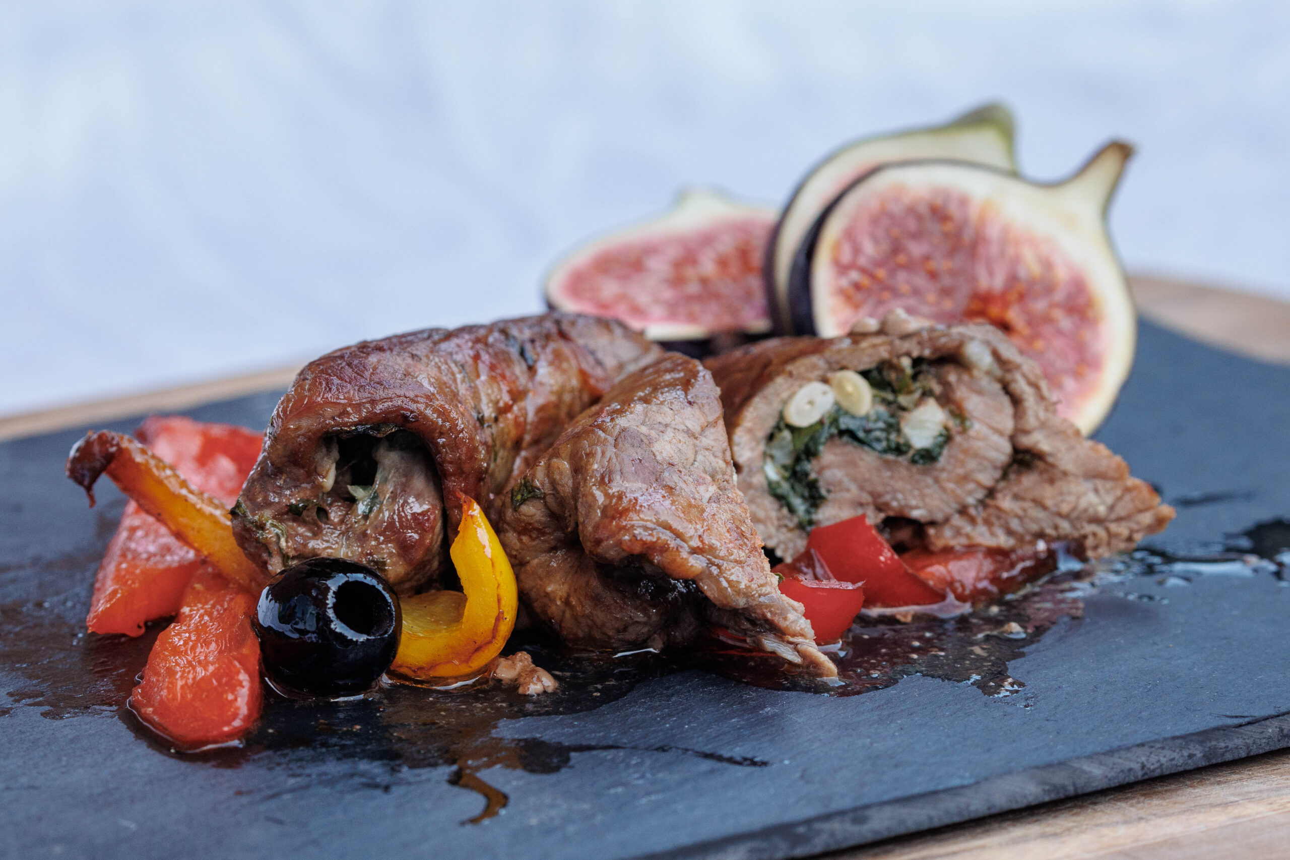 Braised 8oz rump steak, flattened and rolled, slow-cooked and served in a thin, delicate, meaty tomato sauce.