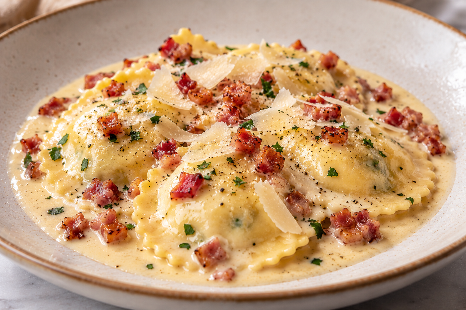 HANDCRAFTED MELT-IN-THE-MOUTH RAVIOLI STUFFED WITH SCALLOPS & ASPARAGUS