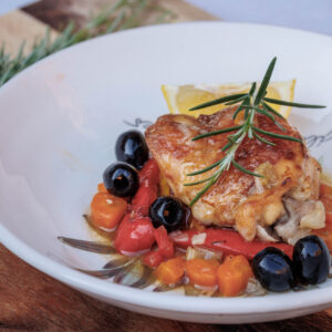 Aromatic chicken, gently cooked with onions, carrots, celery and herbs for a rich, savoury flavour. Can be served with chargrilled peppers and black olives on request.